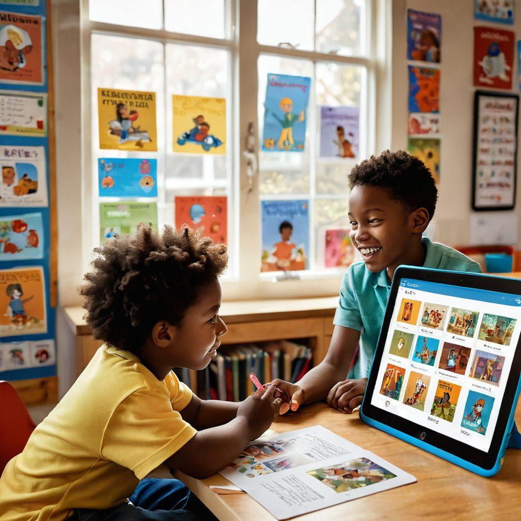 A vibrant classroom scene showcasing diverse children engaged with interactive literacy tools like tablets and colorful storyboards. One child reads a digital book, while another animates characters on a screen, with enthusiastic expressions all around. The walls are decorated with vivid educational posters, emphasizing an inviting and creative atmosphere. A warm sunlight pours in through the windows. super-realistic. vibrant colors. 3D.