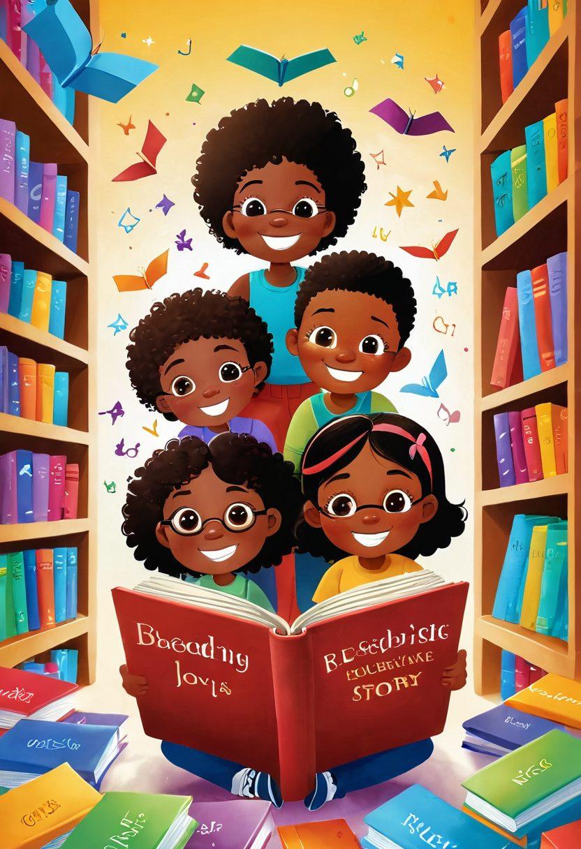 A whimsical illustration of children joyfully reading colorful books, surrounded by a magical library filled with floating letters and vibrant story characters. The children are diverse, showcasing different ethnicities, and their expressions are filled with wonder. Razz Kids logo subtly integrated among the books, with a bright and inviting atmosphere. cartoon style. vibrant colors. white background.