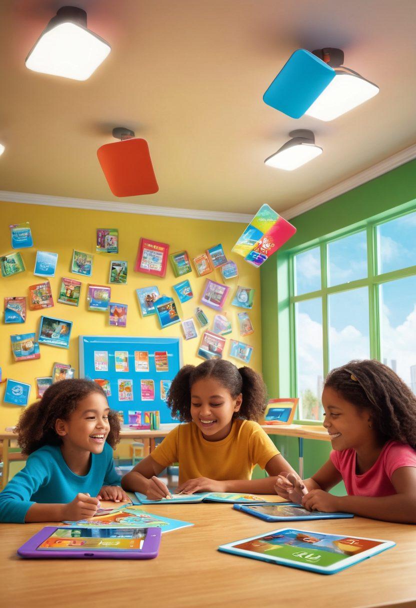 A vibrant classroom scene with children actively engaged in reading with Razz Kids, featuring colorful tablets displaying interactive books. Include a diverse group of kids excitedly discussing their stories, with educational posters on the walls promoting literacy. A bright, warm atmosphere conveying joy and creativity in learning. super-realistic. vibrant colors. 3D.